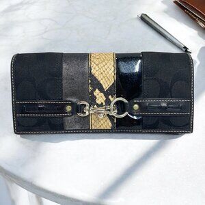 COACH Signature Large Wallet Black Canvas & Leather Beige Snakeskin Stripe